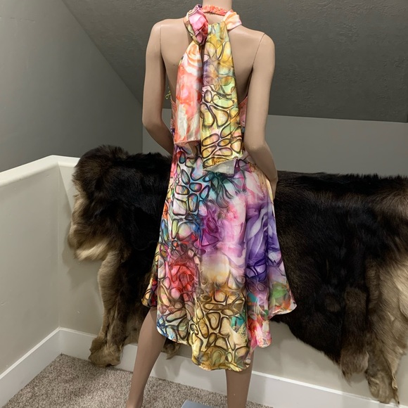 New Floral-Print Satin Halter Beaded Party Dress with Shawl - Picture 6 of 15